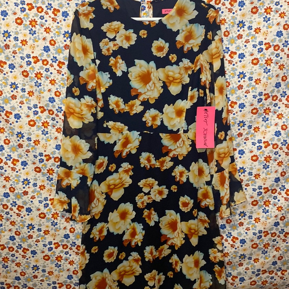 Betsey Johnson NWT Elegant NAVY Floral Printed Chiffon Fit & Flare Dress size 12